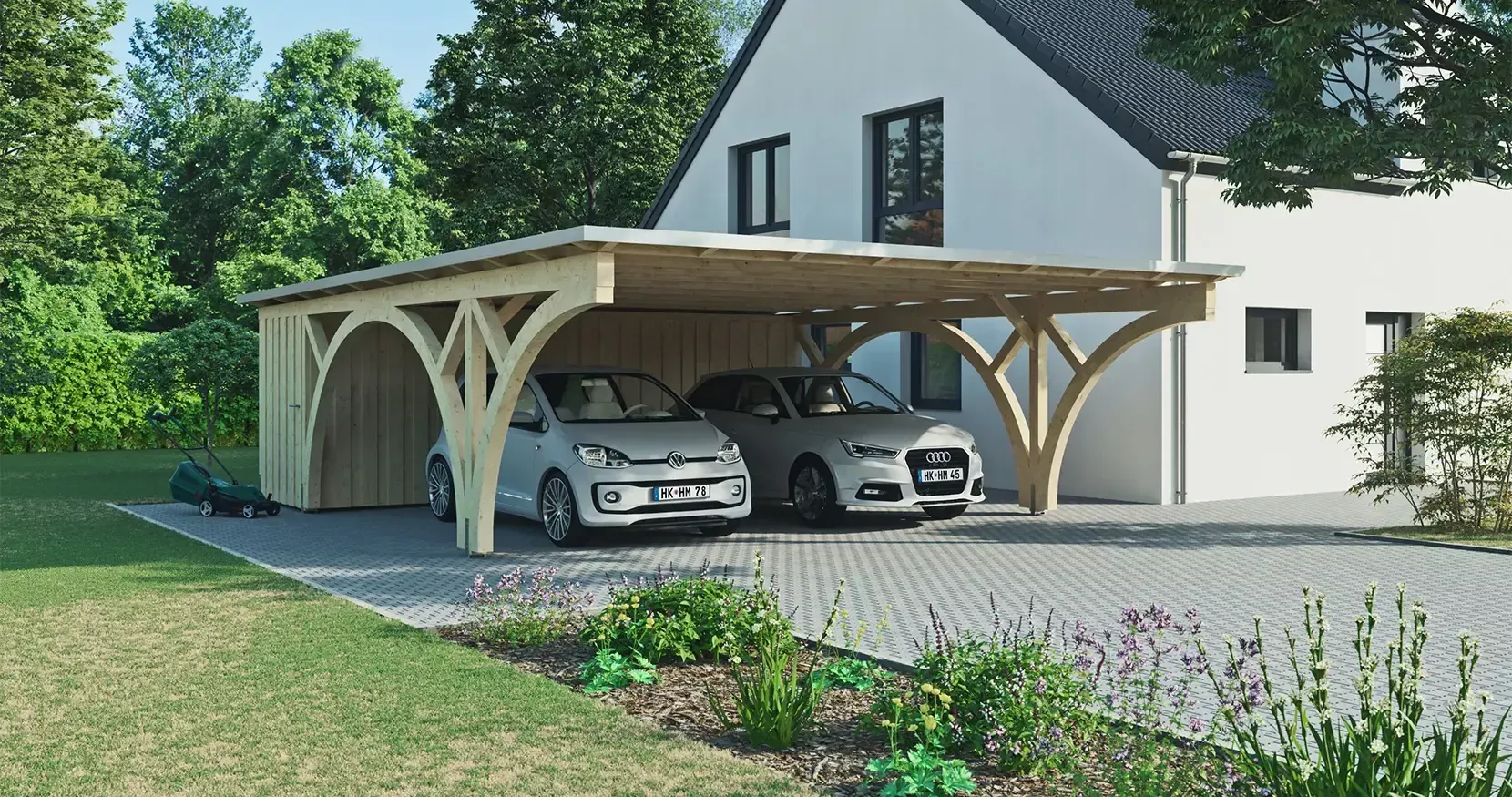 Design-Carport mit Rundbögen für zwei PKW