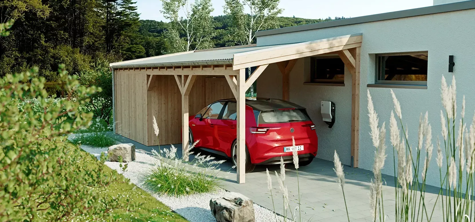 Einzelcarport mit Pultdach aus Holz